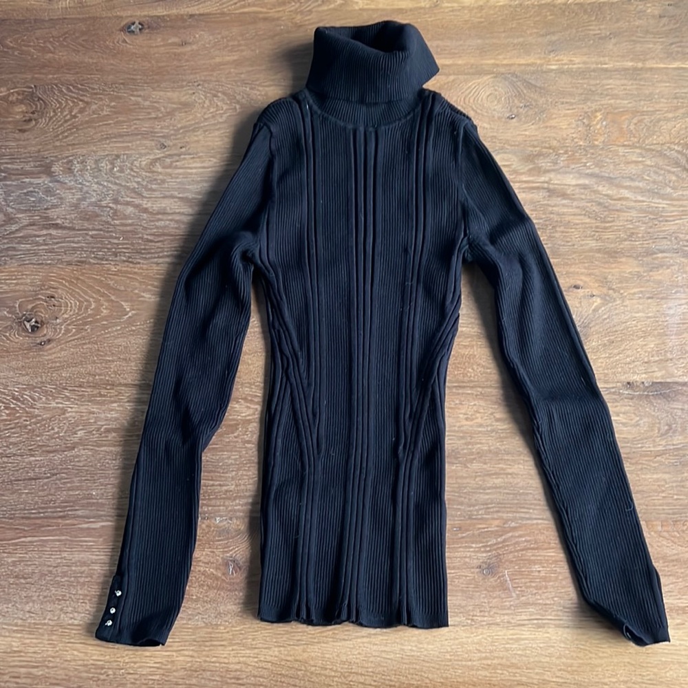 White House Black Market Fitted Ribbed Turtleneck Black Sweater XS Gold Buttons